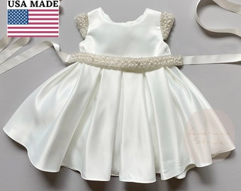 USA Made | Baby and Girls Dull Satin dress with detachable pearl sash | Baptism blessing dress | Size 6M - Teen | Leah dress