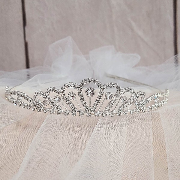 USA Made | Handmade Flower Girl Tiara and 2 Tiered Veil | Communion Tiara and Veil | Rhinestone Tiara with 2 Tiered Veil