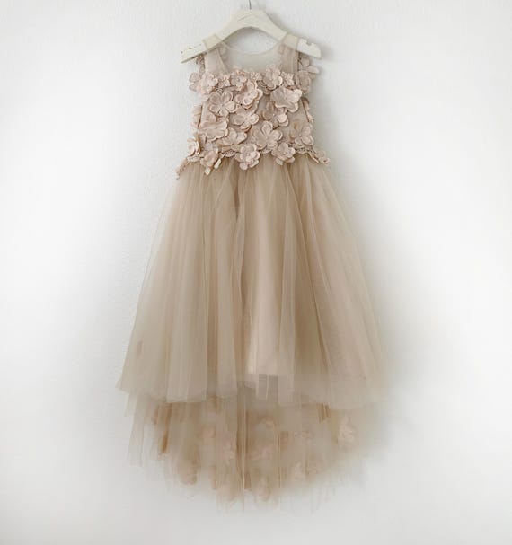 3D Flower Lace High-Low Tulle Dress: Pearl Trim V-Back, Leilani Dress