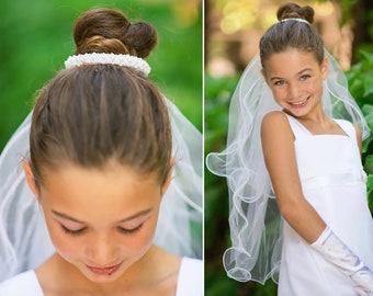 USA Made | Communion Girl Pearl Bun  Veil | First Communion Pearl and 2-Tiered Veil
