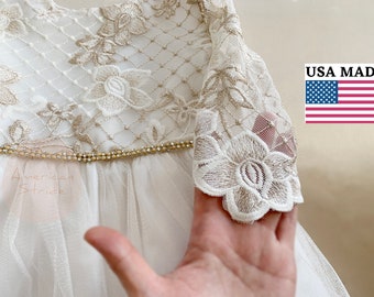 USA Made | 3/4 sleeve Lattice Flower Embroidered Lace with Satin & Crystal Tulle Flower Girl Dress | Size 6M - Teen | Elena dress