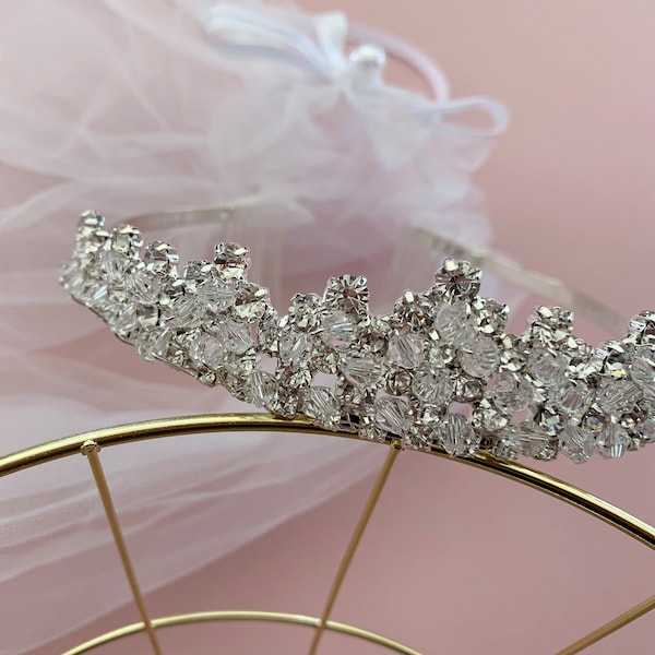 USA Made | Communion Tiara and 2 Tiered Veil | Communion Tiara and Veil | Flower Girl  Rhinestone Tiara with 2 Tiered Veil