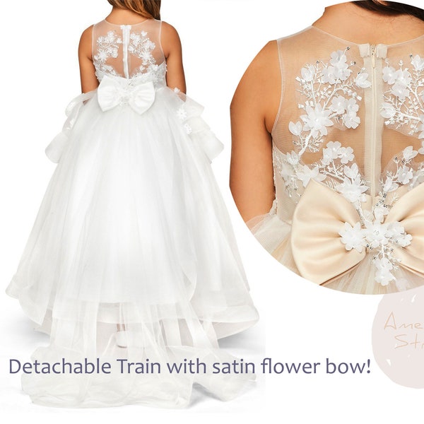 Hand-crafted Lace Appliques & Sequin Beads High-low Flower Girl Dress with Detachable Train | Emery dress