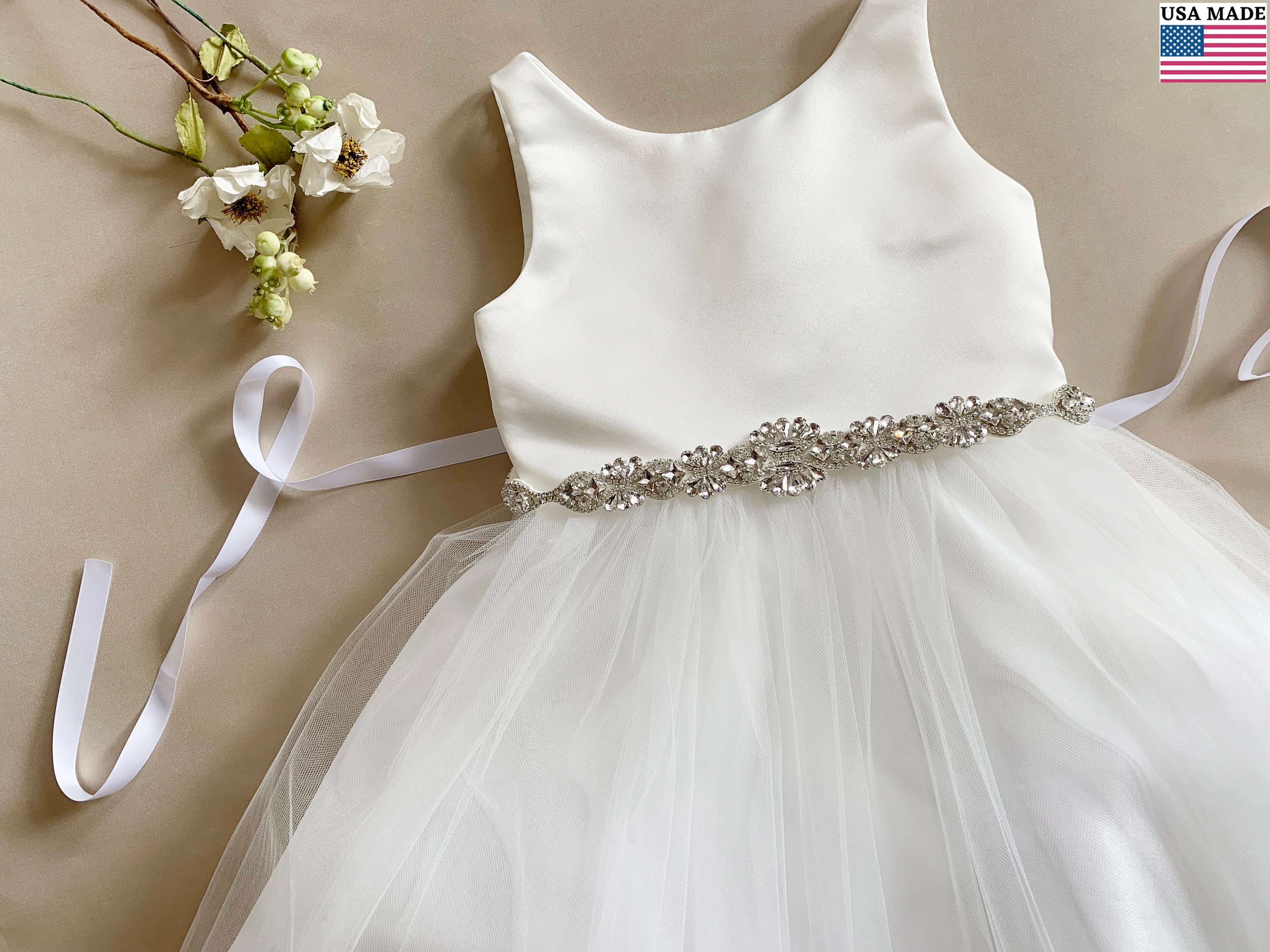 USA Made Flower Girl Dress: Crystal Belt, Plus Size, Handmade