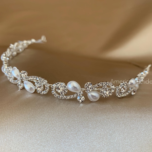 ブライダルクリスタル＆パールヘッドピース - シルバー＆ゴールドの優美なウェディングラインストーンサッシュベルト