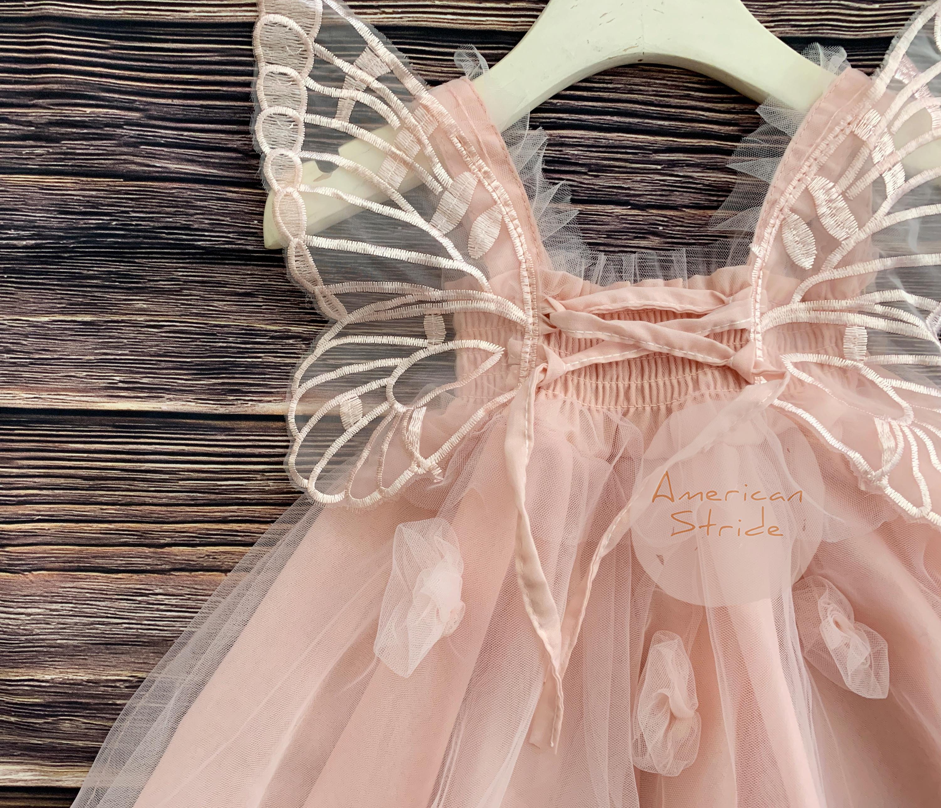 Blush Lace Tulle Baby Dress with Butterfly Wings | 1st Birthday or Flower Girl