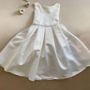 USA Made Flower Girl Dress: Dull Satin, Handmade Pearl Belt