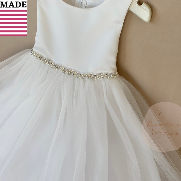 USA Made | Pearl and Rhinestone Satin and 4 Layers of Tulle Light Ivory, White Flower Girl Dress | Size 6M - Teen | Scarlett dress