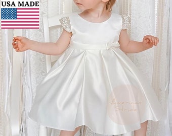 USA Made | Infants and Girls Dull Satin dress with beaded short sleeves | Size 6M - Teen | Leah dress