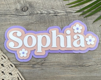 Letrero con nombre de tres capas / Tema de margaritas / Habitación infantil, decoración de pared / Acrílico - Bambú - Madera contrachapada