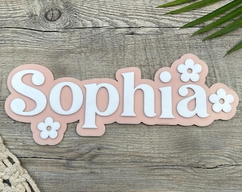 Letrero de nombre personalizado para habitación infantil / Letrero de nombre acrílico en capas / Decoración de pared de guardería / Letrero de nombre de bebé personalizado / Letrero de nombre de Daisy