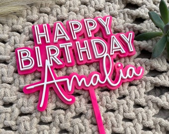 Feliz cumpleaños con nombre / Topper de pastel en capas / Acrílico - Bambú - Madera contrachapada