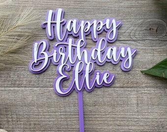 Feliz cumpleaños con nombre / Topper de pastel en capas / Acrílico - Bambú - Madera contrachapada