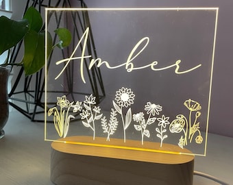 Name with wild flowers | Night Light | 2 bases to choose from