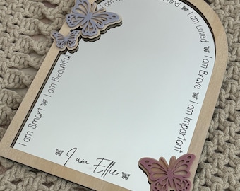 Personalized Affirmation Mirror: Butterfly Decor, Acrylic & Timber