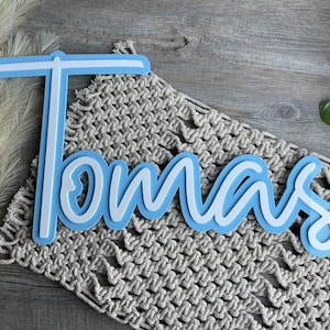 May include: A light blue wooden name sign with white lettering spelling out the name "Tomas". The sign is on a beige crocheted surface.