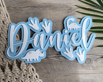 Layered Name with Dinosaurs | Name Sign | Kids Room, Wall Decor | Acrylic - Bamboo - Plywood