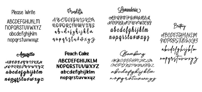 May include: A digital image displaying ten different font styles, each featuring the alphabet in uppercase and lowercase letters. The font styles are named: Please Write, Menlitta, Lavanderia, Amarillo, Peach Cake, Bambang, Briffing.