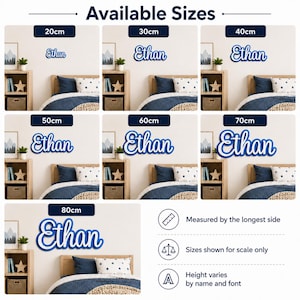 May include: A wall-mounted name sign featuring the name Ethan in a blue script font with a white outline. The image displays seven size options ranging from 20cm to 80cm, measured by the longest side, with text indicating sizes are for scale.