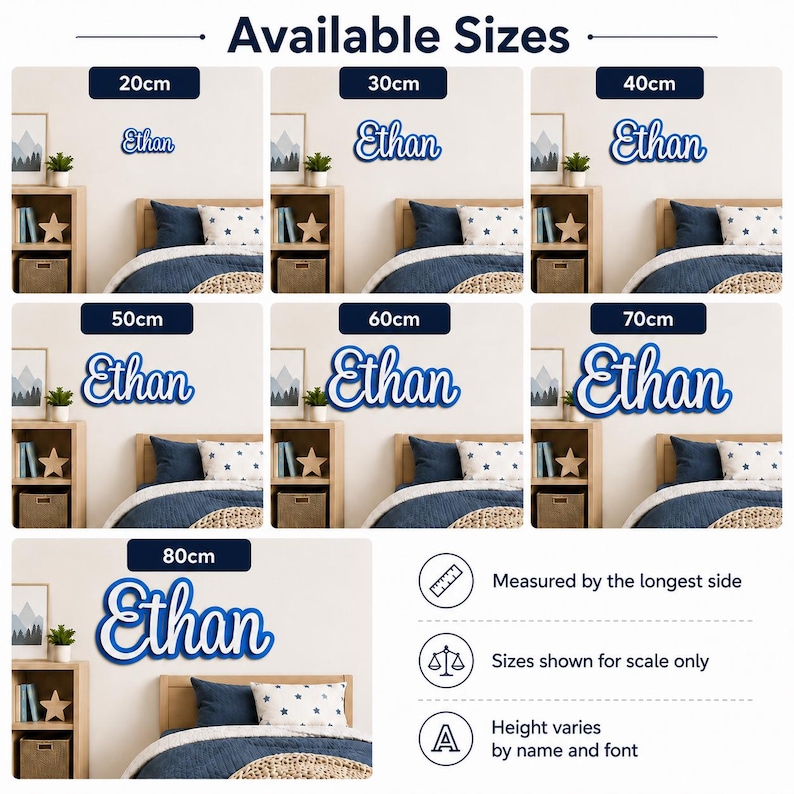 May include: A wall-mounted name sign featuring the name Ethan in a blue script font with a white outline. The image displays seven size options ranging from 20cm to 80cm, measured by the longest side, with text indicating sizes are for scale.