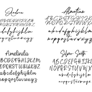 May include: A digital image displaying ten different handwritten font styles. Each font style is presented with the alphabet in uppercase, lowercase, and numbers. The font styles are named "Signature", "Andrea", "Almatian", "Amalfi Coast", "Amelinda", "Silver South", and "Always Forever".