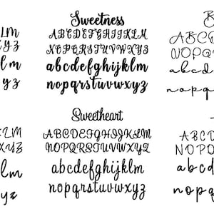 May include: A digital image displaying six different font styles, each featuring the alphabet in uppercase and lowercase letters. The font styles are named "Cream Candy", "Sweetness", "Beauty Dream", "Hollywood", "Sweetheart", and "Grindline".