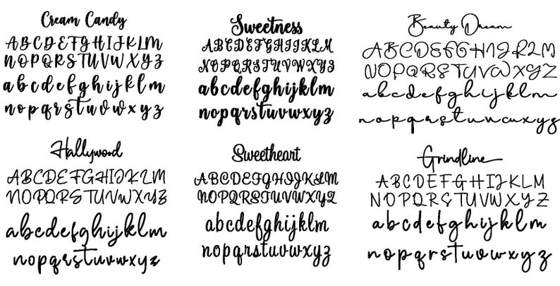 May include: A digital image displaying six different font styles, each featuring the alphabet in uppercase and lowercase letters. The font styles are named "Cream Candy", "Sweetness", "Beauty Dream", "Hollywood", "Sweetheart", and "Grindline".