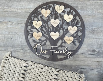Family tree with engraved hearts | Our Family | Wooden - Walnut veneer - Plywood