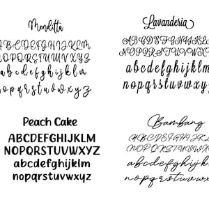 May include: A black and white typography chart displaying eight distinct font styles labeled Please Write, Menditta, Lavanderia, Brittany, Amarillo, Peach Cake, and Bambang. Each section features the full uppercase and lowercase alphabet.