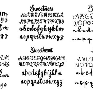 May include: A black and white graphic display featuring six distinct alphabet font styles labeled Cream Candy, Sweetness, Beauty Dream, Hallywood, Sweetheart, and Grindline. Each section presents uppercase and lowercase letters in a unique script.
