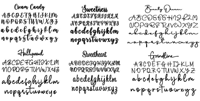 May include: A black and white graphic display featuring six distinct alphabet font styles labeled Cream Candy, Sweetness, Beauty Dream, Hallywood, Sweetheart, and Grindline. Each section presents uppercase and lowercase letters in a unique script.