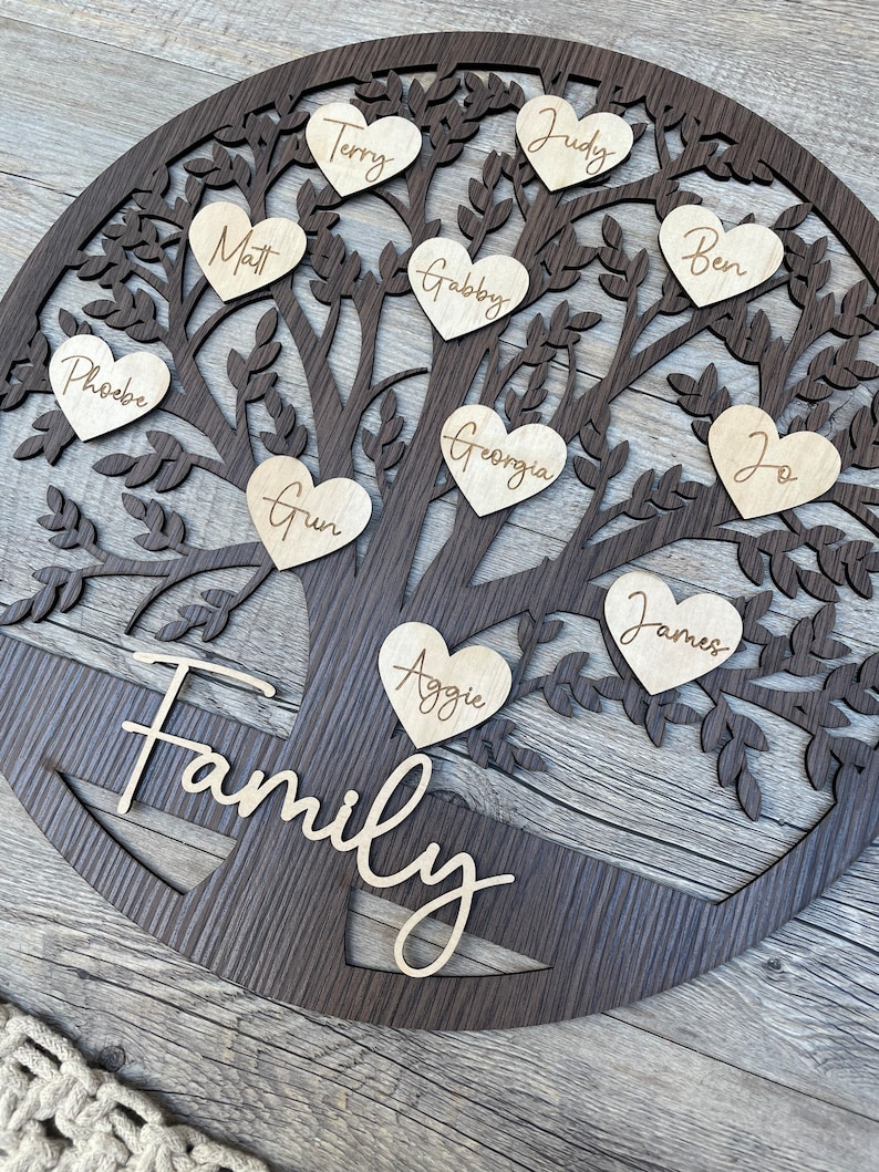 Family Tree With Engraved Hearts | Family | Wooden - Walnut Veneer ...