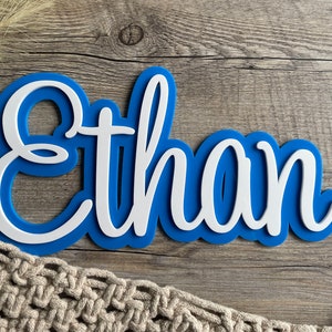 May include: A custom name sign featuring the name Ethan in white script lettering layered over a solid blue background. The sign has a smooth, clean finish with a distinct contrast between the white letters and the blue backing plate.