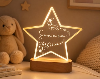 Personalised Star Night Light | Custom Name Nursery Lamp | Kids Bedroom Night Light | Baby Shower Gift | Wooden Base LED Light