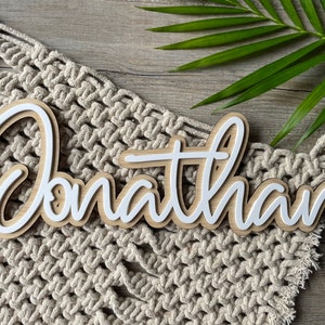 May include: White wooden name sign with the name "Jonathan" written in a cursive font. The sign is on a beige crocheted surface.