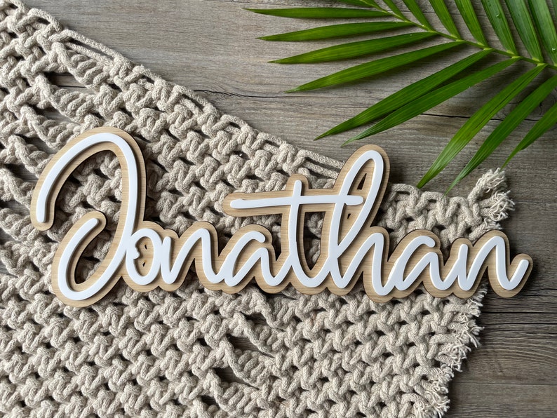 May include: White wooden name sign with the name "Jonathan" written in a cursive font. The sign is on a beige crocheted surface.