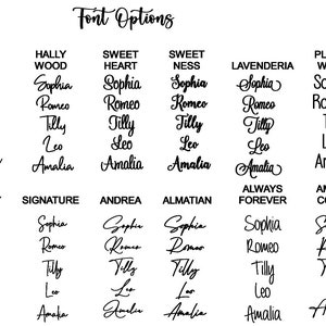 May include: A chart of different font options for the names Sophia, Romeo, Tilly, Leo, and Amalia. The names are written in various cursive and script fonts.