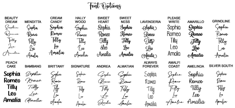 May include: A chart of different font options for the names Sophia, Romeo, Tilly, Leo, and Amalia. The names are written in various cursive and script fonts.