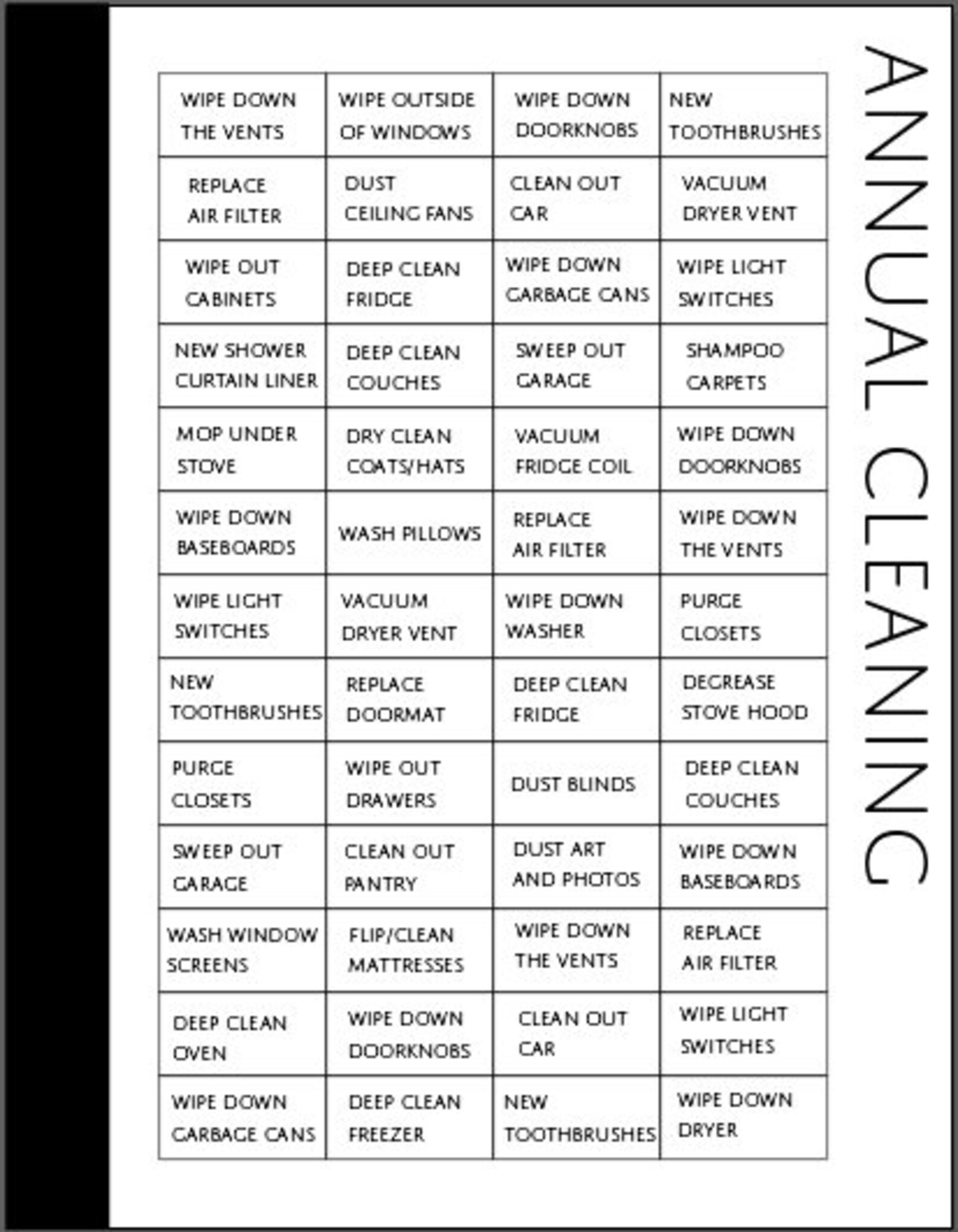Printable Annual Cleaning Grid Checklist digital Download Etsy