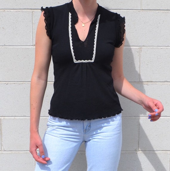 Swan Collar Sheer Mesh Black Tee