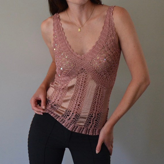 Dusty Pink Crochet Satin Tank