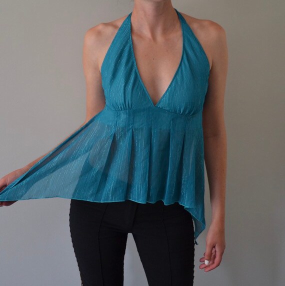 Teal Open Back Tie Up Halter Top