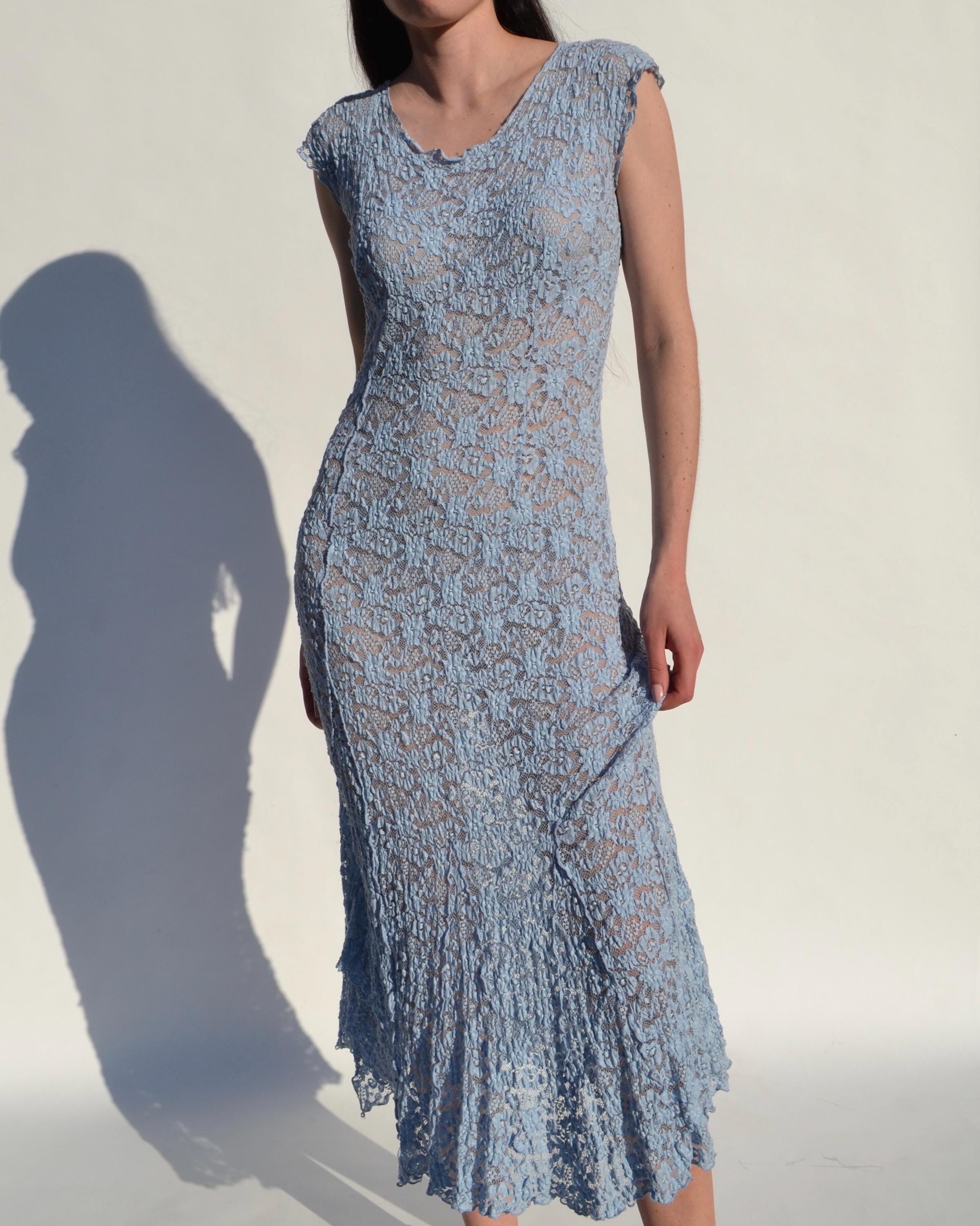 Vintage Sheer Blue Lace Maxi Dress