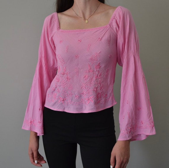 Pink Square Neck Wide Sleeve Top