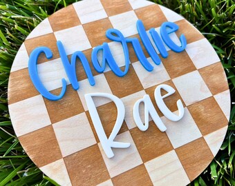 Checkered Baby Name Round, Wooden Birth Announcement Plaque, Hospital Baby Name Sign, Custom Acrylic Baby Name Sign, Birth 3D Design 6