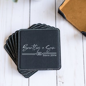 Custom Coasters With Holder, Personalized Square Coasters, Wedding Gift, Housewarming Gift, Newlywed Gift, Engraved Square Leather Coasters image 5