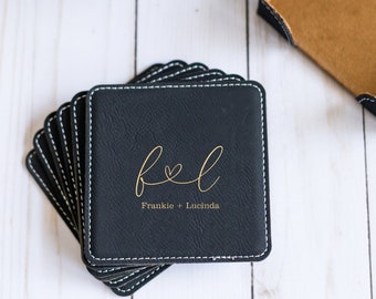 Custom Coasters With Holder, Personalized Square Coasters, Wedding Gift, Housewarming Gift, Newlywed Gift, Engraved Square Leather Coasters