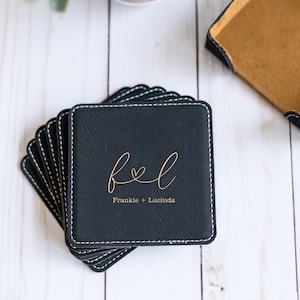 Custom Coasters With Holder, Personalized Square Coasters, Wedding Gift, Housewarming Gift, Newlywed Gift, Engraved Square Leather Coasters image 1