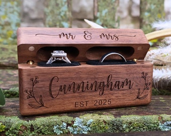 Proposal Ring Box Holder, Custom Wooden Wedding Ceremony Ring Box, Personalized Engraved Engagement Ring Box, Slim Double Ring Bearer Box