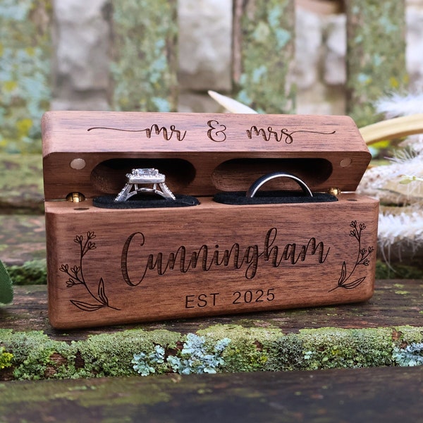 Proposal Ring Box Holder, Custom Wooden Wedding Ceremony Ring Box, Personalized Engraved Engagement Ring Box, Slim Double Ring Bearer Box